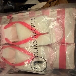 Victoria's Secret Pink and Cream Striped Tote and flip flops size Large NWT